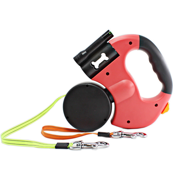 Dual Headed Pet Leashes with Flashlight Garbage Bag Box Automatic Retractable Dogs Traction Ropee