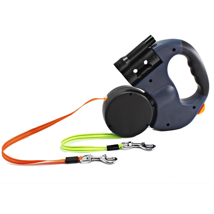 Dual Headed Pet Leashes with Flashlight Garbage Bag Box Automatic Retractable Dogs Traction Ropee