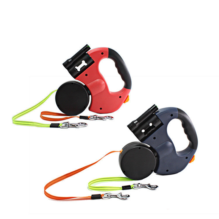 Dual Headed Pet Leashes with Flashlight Garbage Bag Box Automatic Retractable Dogs Traction Ropee