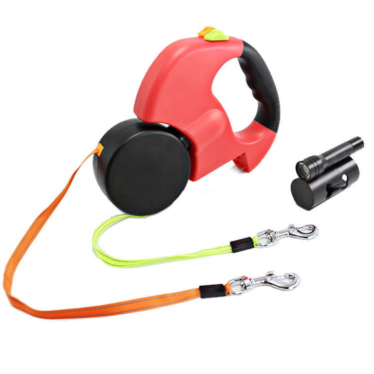 Dual Headed Pet Leashes with Flashlight Garbage Bag Box Automatic Retractable Dogs Traction Ropee