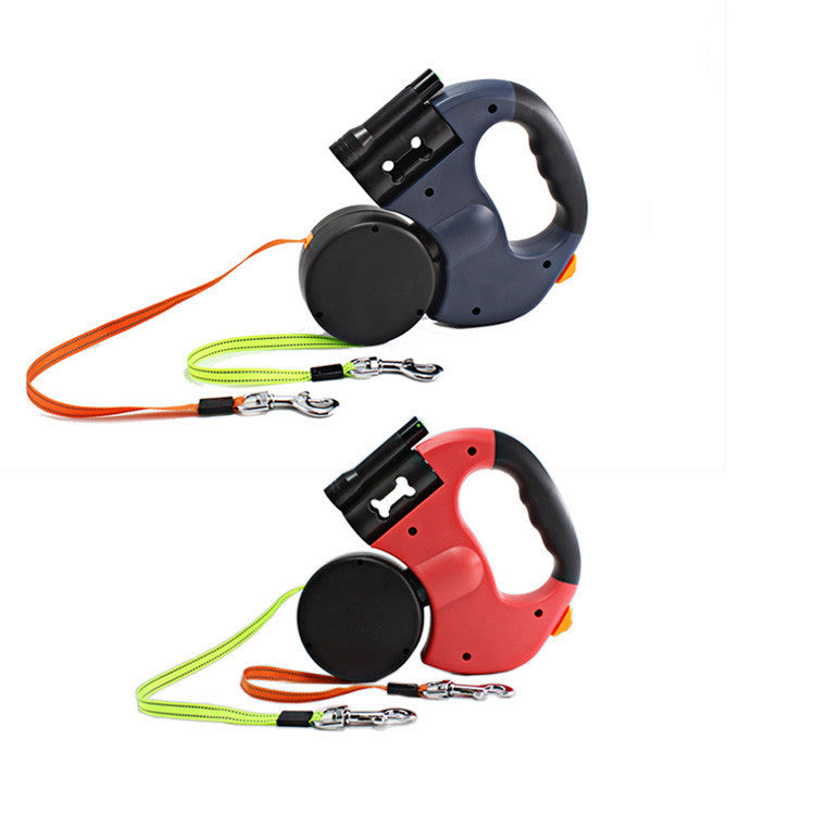 Dual Headed Pet Leashes with Flashlight Garbage Bag Box Automatic Retractable Dogs Traction Ropee