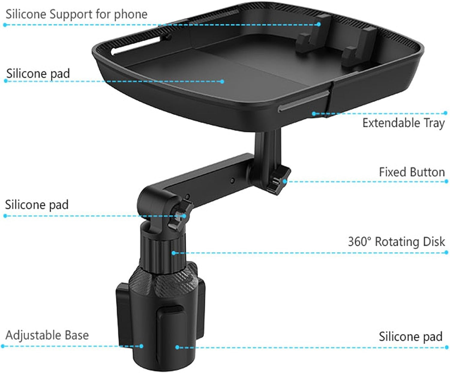 Larger Cup Holder Tray for Car, 10 Inch Car Food Tray with Phone Holder Detachable 3 in 1 Car Cup Holder 360° Rotating Food Table Tray Expander for Eating