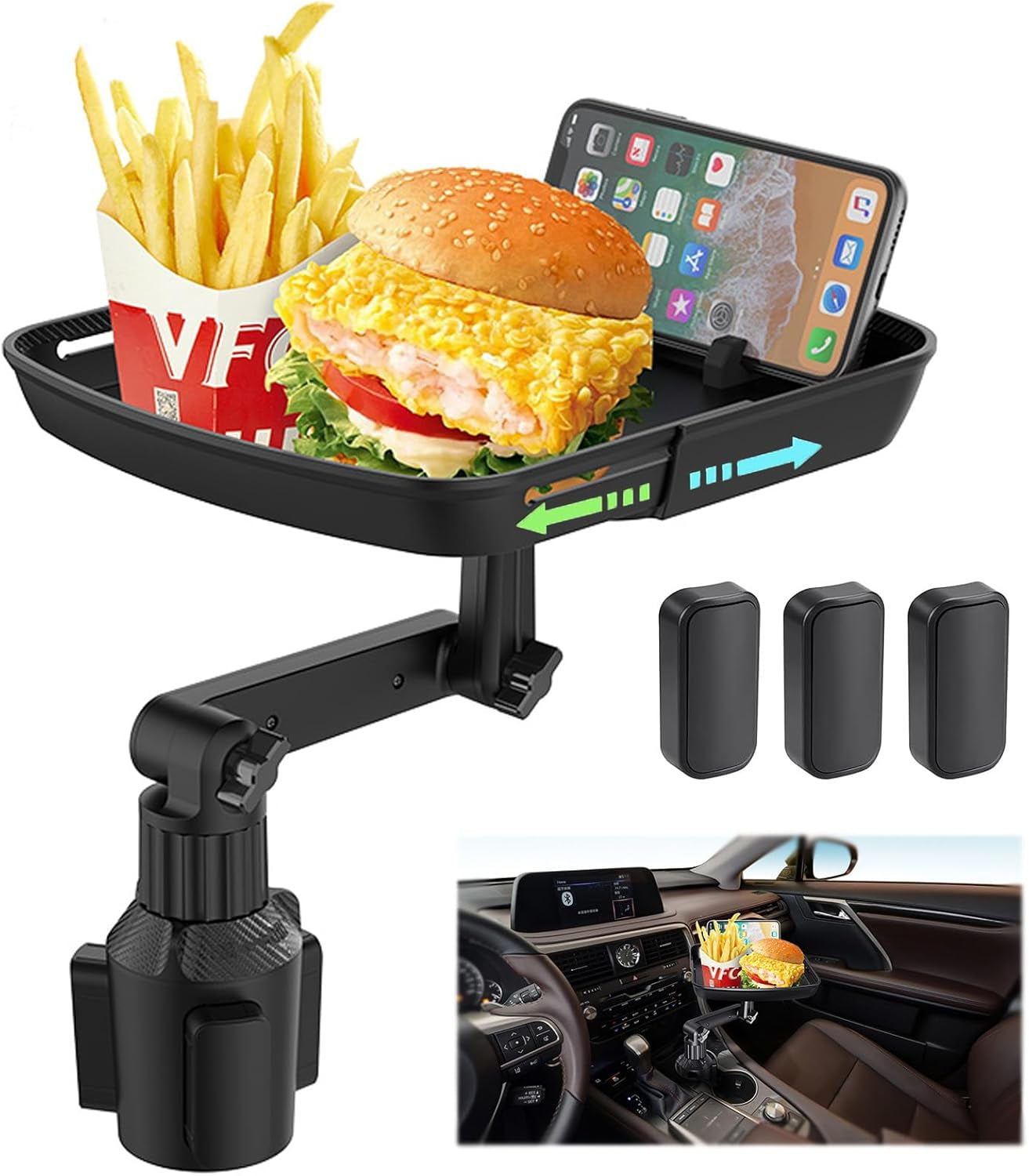 Larger Cup Holder Tray for Car, 10 Inch Car Food Tray with Phone Holder Detachable 3 in 1 Car Cup Holder 360° Rotating Food Table Tray Expander for Eating